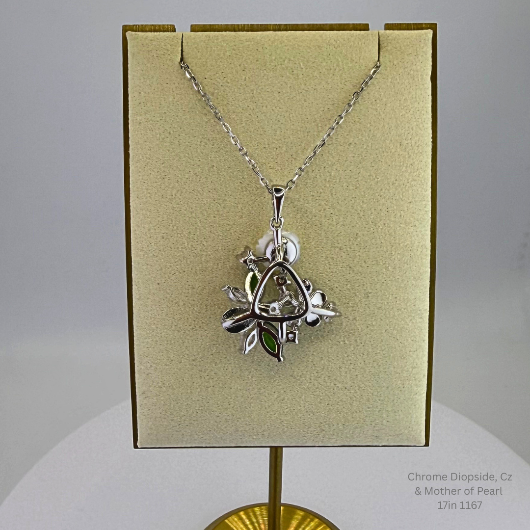 Natural Chrome Diopside Floral Necklace Sterling Silver with Gold Plating