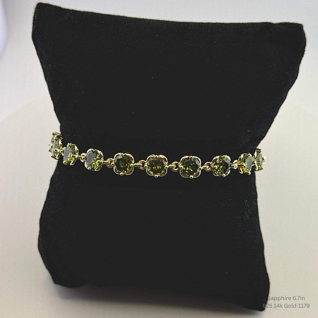 Green Sapphire Bracelet 925 Sterling Silver 14K Gold Plated Bracelet 6.7in