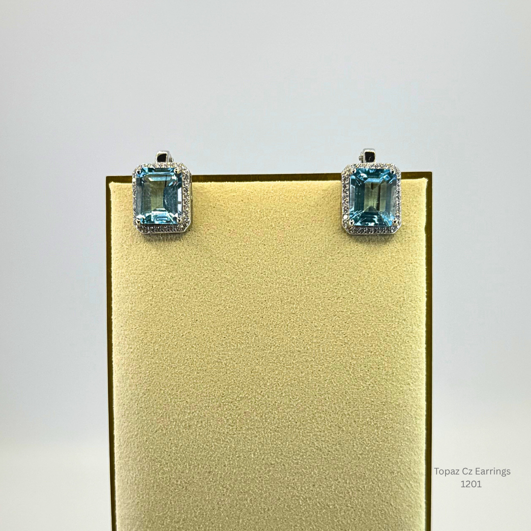 Natural Blue Topaz & CZ Halo Stud Earrings Sterling Silver