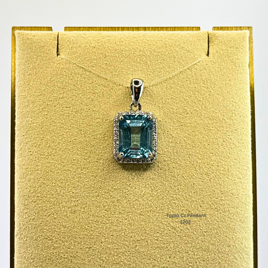 Natural Blue Topaz & CZ Halo Pendant Sterling Silver