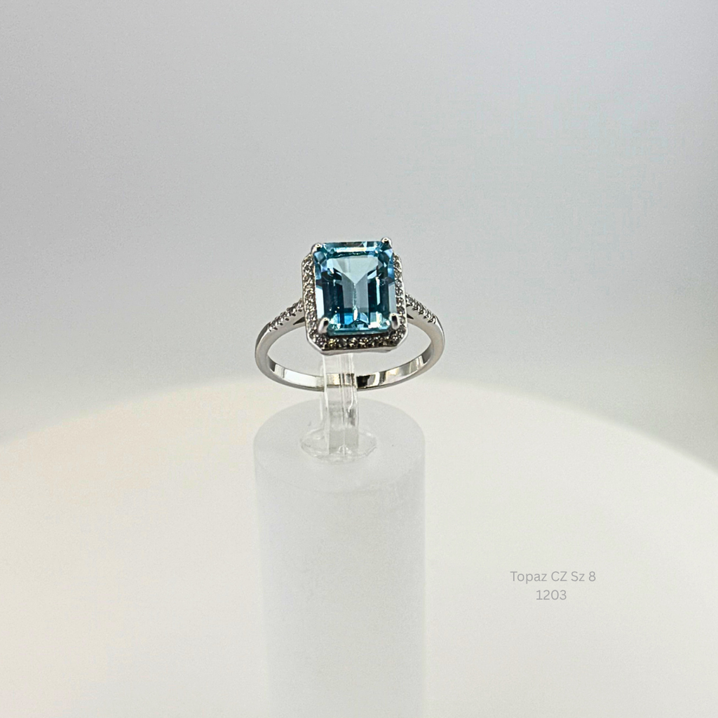 Natural Blue Topaz Halo Ring Sterling Silver Size 8