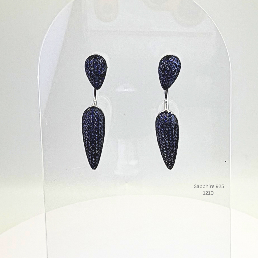 Natural Blue Sapphire & Diamond Accent Pavé Drop Earrings Sterling Silver