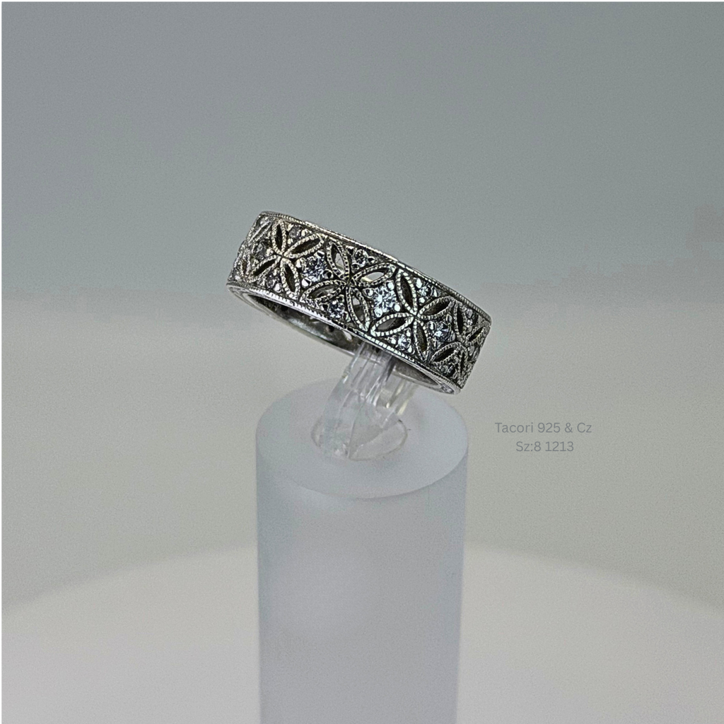 Tacori Floral Filigree CZ Band Ring Sterling Silver Size 8