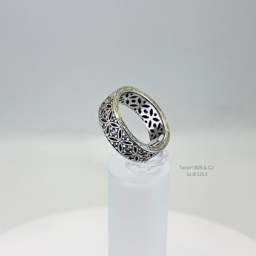 Tacori Floral Filigree CZ Band Ring Sterling Silver Size 8