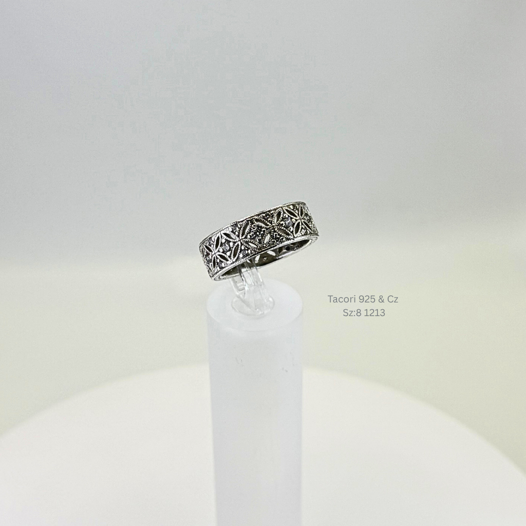 Tacori Floral Filigree CZ Band Ring Sterling Silver Size 8
