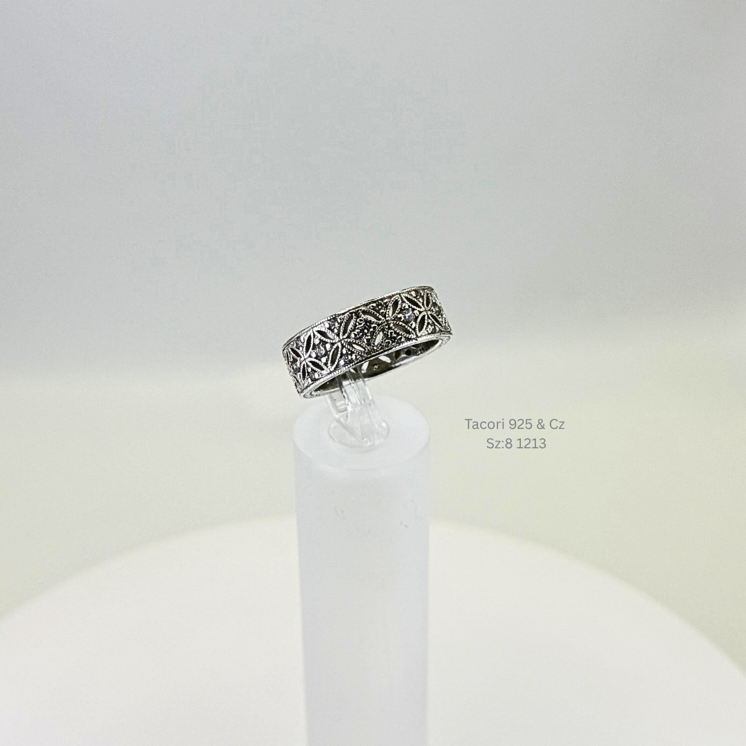 Tacori Floral Filigree CZ Band Ring Sterling Silver Size 8
