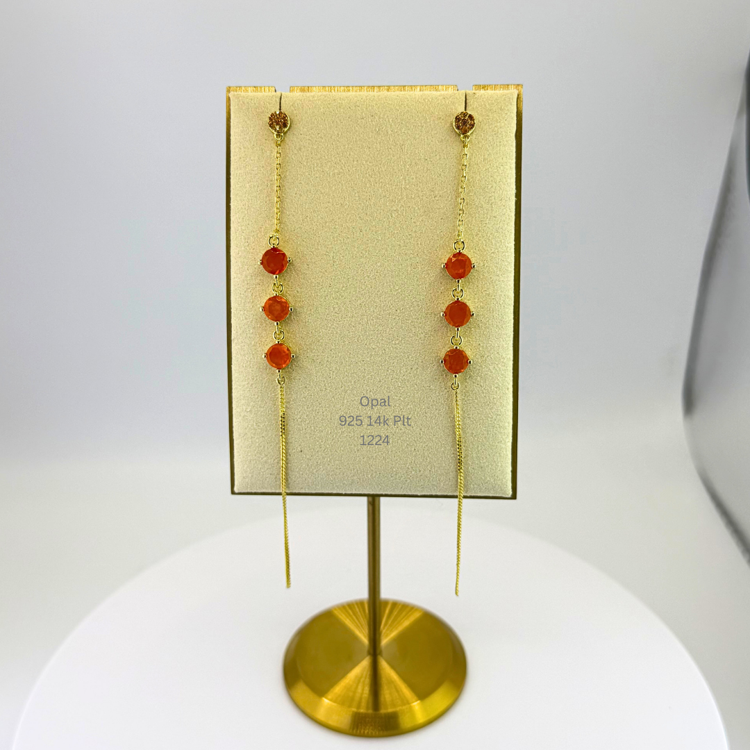 Natural Orange Opal Threader Dangle Earrings Sterling Silver with 14K Gold Plating