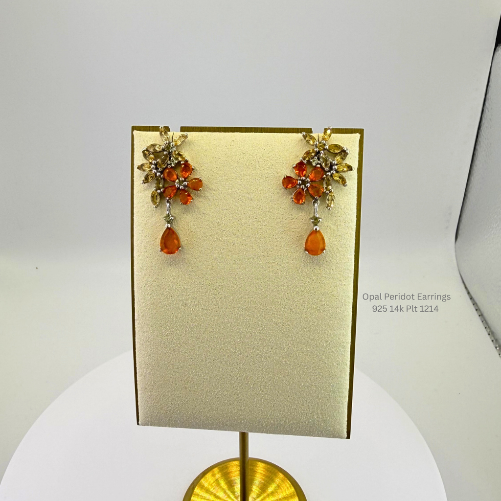 Natural Opal & Peridot Floral Drop Earrings Sterling Silver with 14K Gold Plating