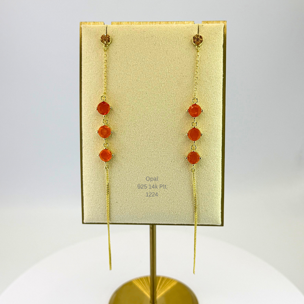 Natural Orange Opal Threader Dangle Earrings Sterling Silver with 14K Gold Plating