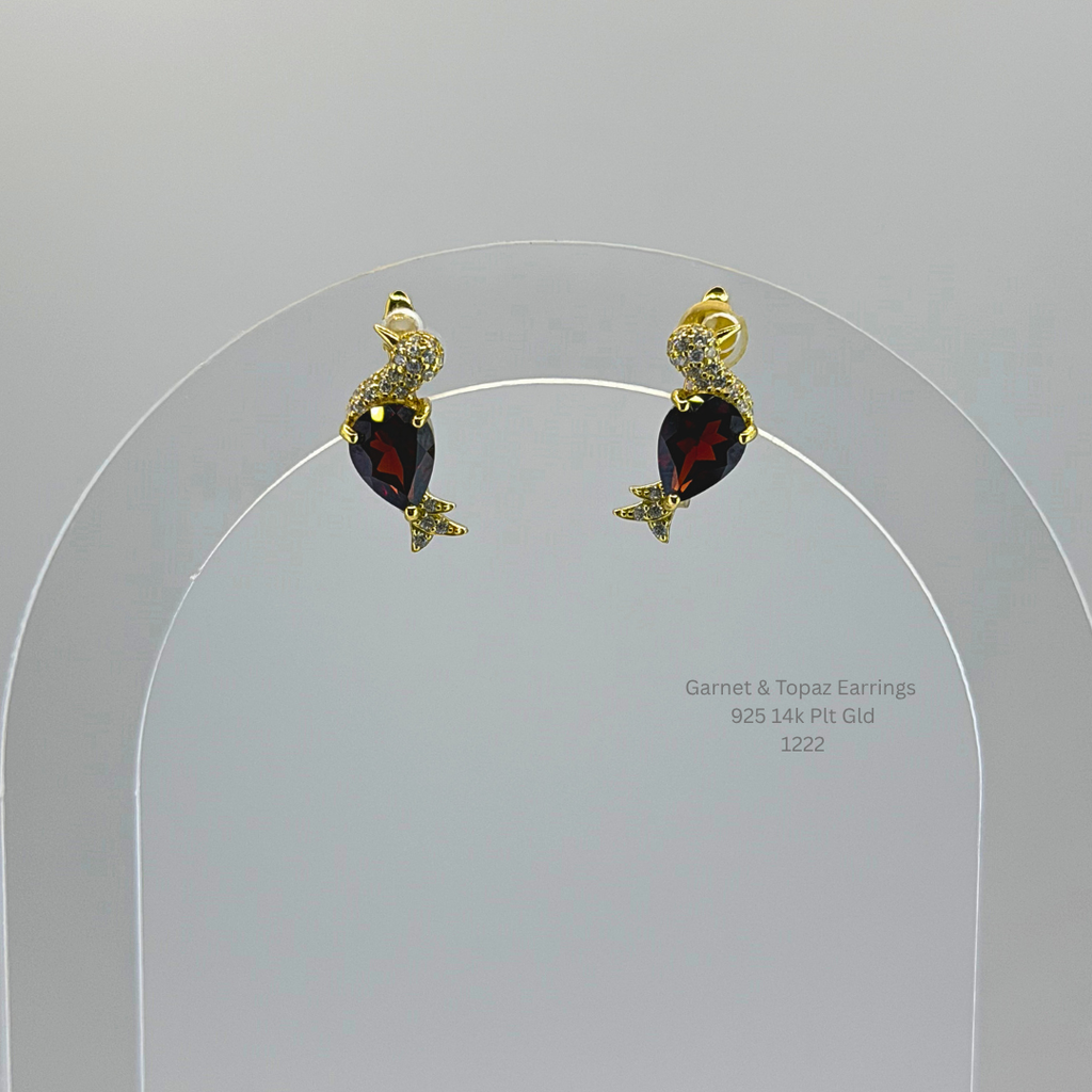 Natural Garnet & White Topaz Bird Earrings Sterling Silver with 14K Gold Plating