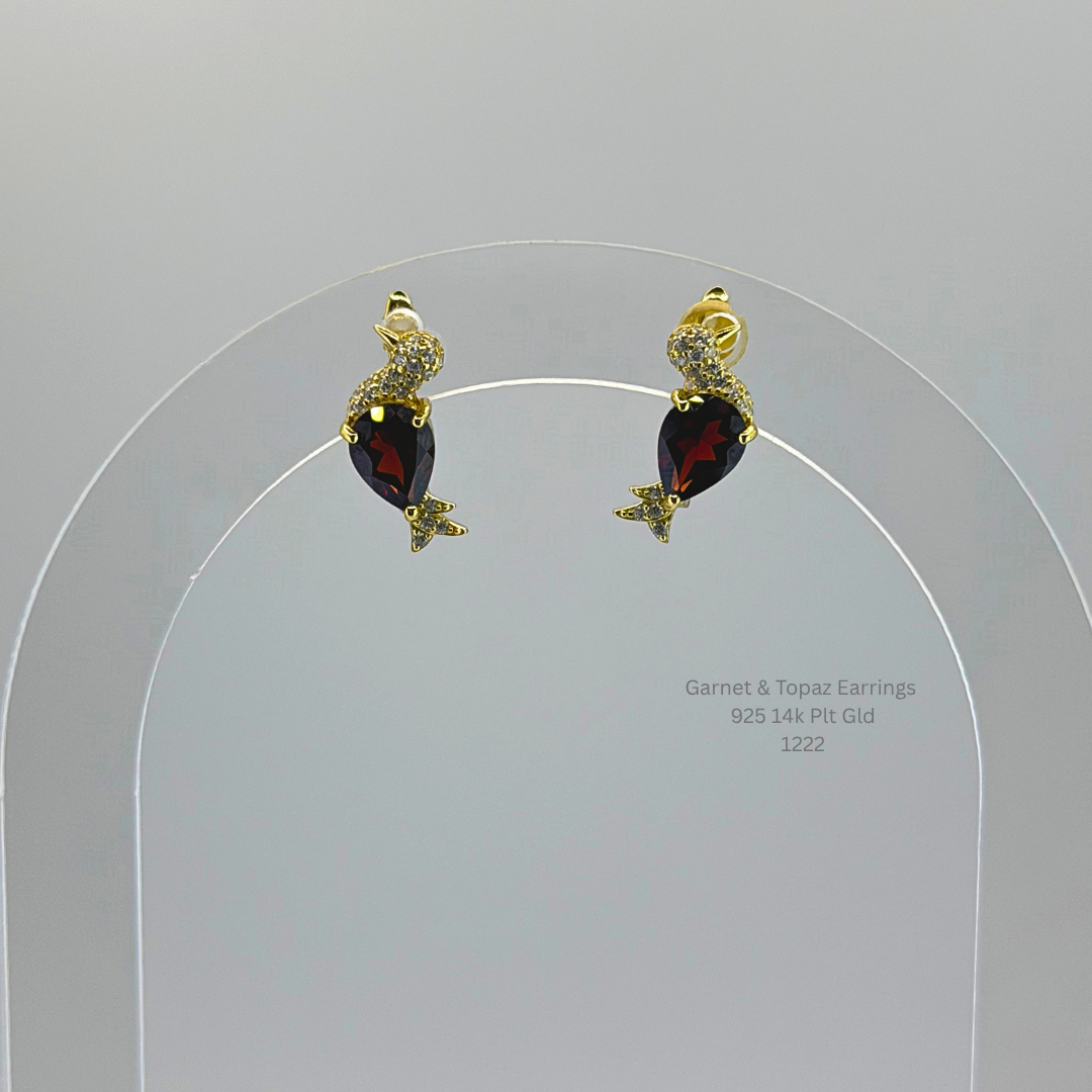 Natural Garnet & White Topaz Bird Earrings Sterling Silver with 14K Gold Plating