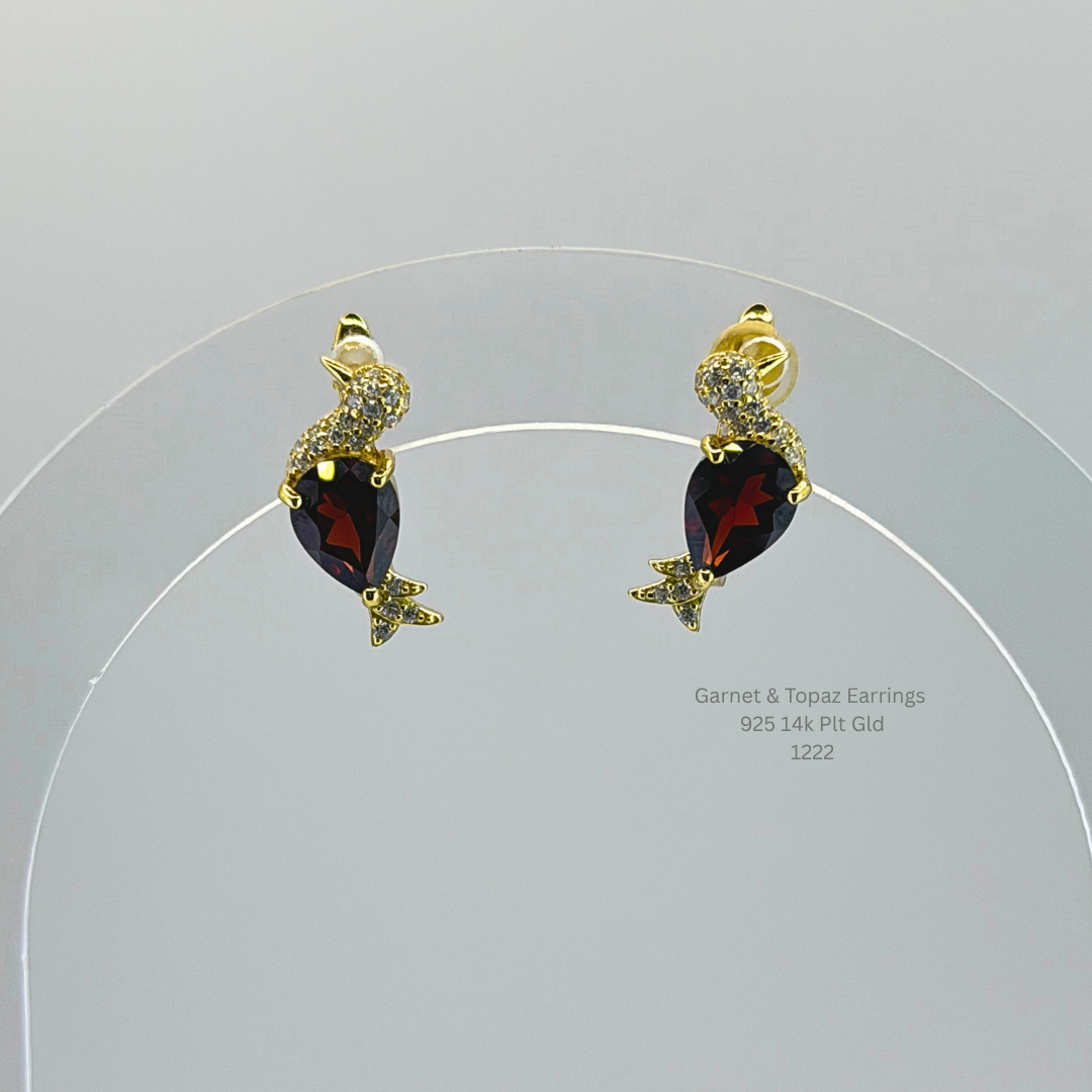 Natural Garnet & White Topaz Bird Earrings Sterling Silver with 14K Gold Plating