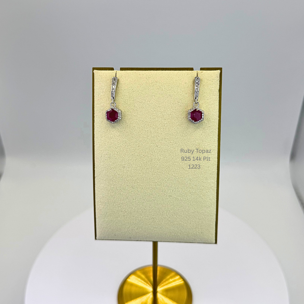 Natural Ruby & White Topaz Hexagon Dangle Earrings Sterling Silver with 14K Gold Accents