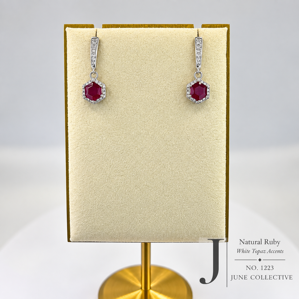Natural Ruby & White Topaz Hexagon Dangle Earrings Sterling Silver with 14K Gold Accents
