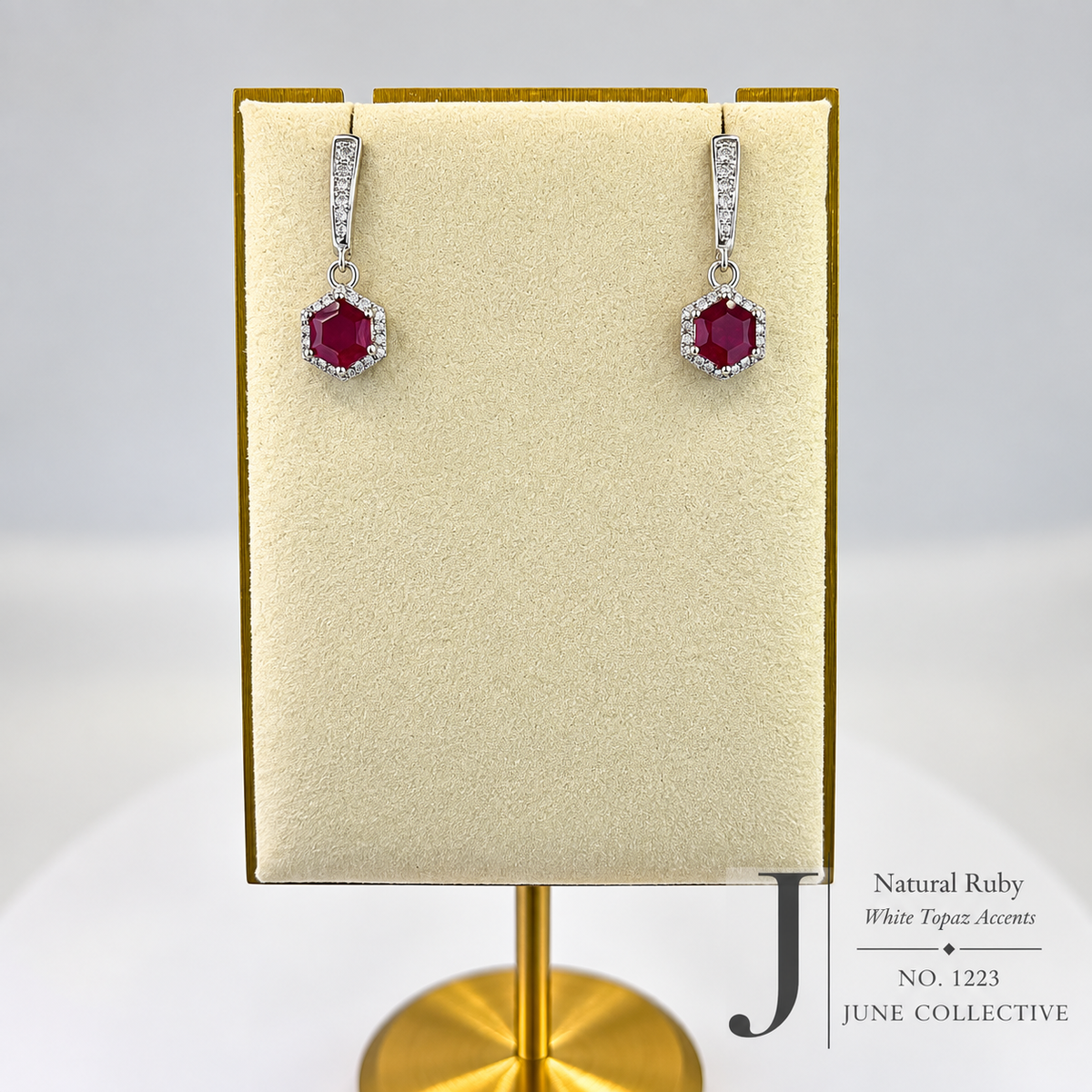 Natural Ruby & White Topaz Hexagon Dangle Earrings Sterling Silver with 14K Gold Accents