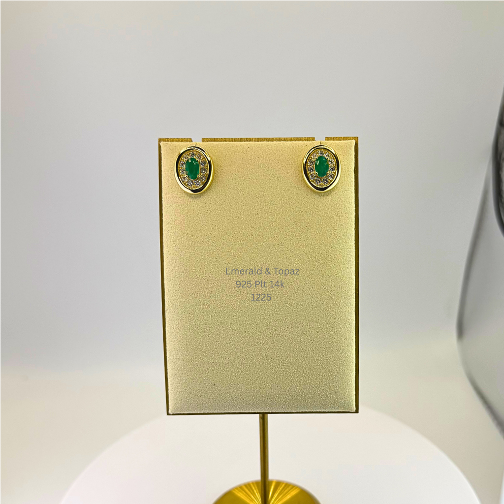 Natural Green Opal & White Topaz Halo Earrings Sterling Silver with 14K Gold Plating