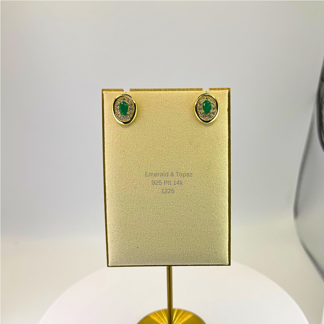 Natural Green Opal & White Topaz Halo Earrings Sterling Silver with 14K Gold Plating