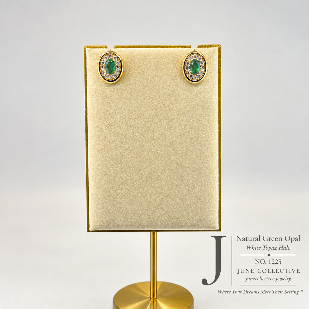 Natural Green Opal & White Topaz Halo Earrings Sterling Silver with 14K Gold Plating
