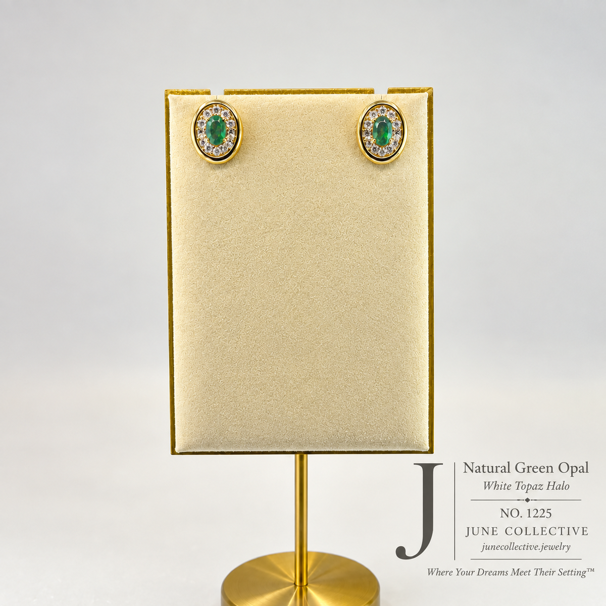 Natural Green Opal & White Topaz Halo Earrings Sterling Silver with 14K Gold Plating