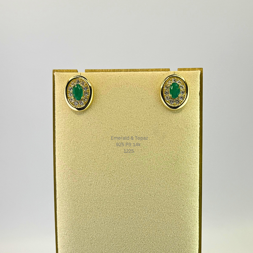 Natural Green Opal & White Topaz Halo Earrings Sterling Silver with 14K Gold Plating