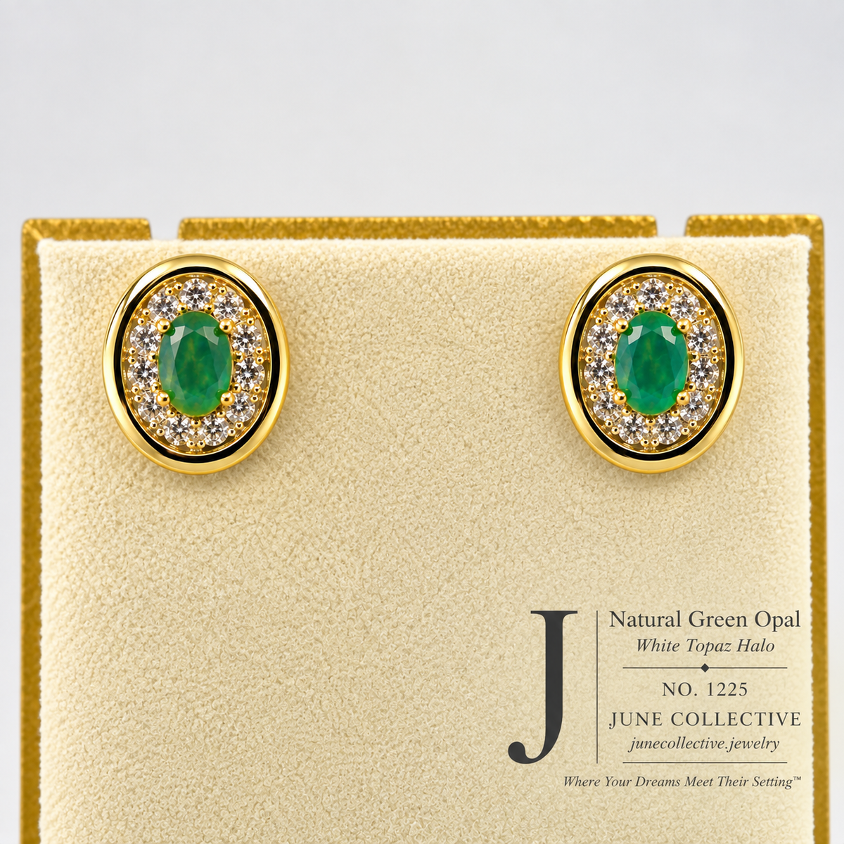 Natural Green Opal & White Topaz Halo Earrings Sterling Silver with 14K Gold Plating