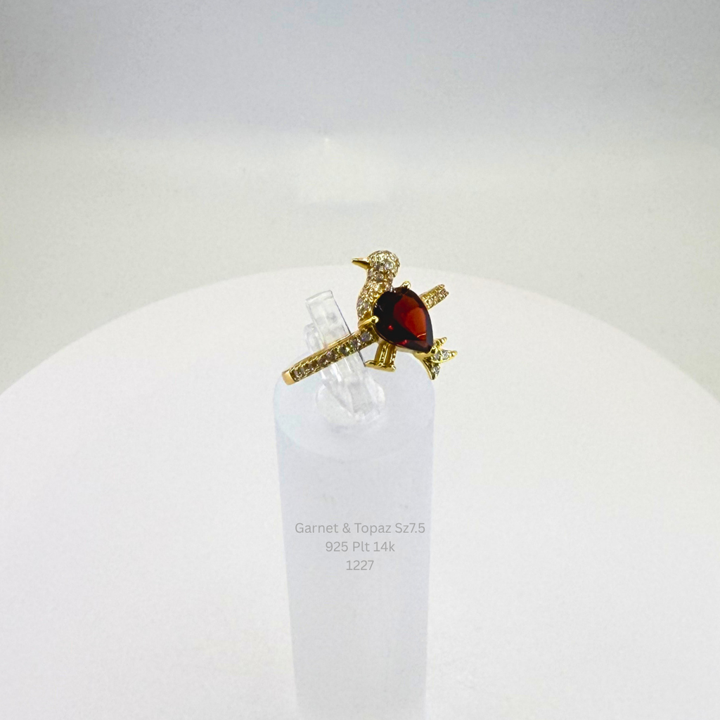 Natural Garnet & White Topaz Bird Ring Sterling Silver with 14K Gold Plating