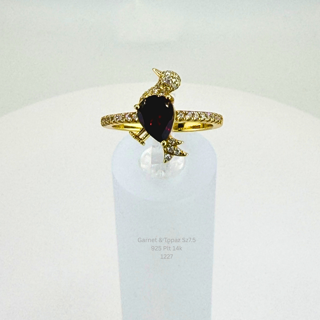 Natural Garnet & White Topaz Bird Ring Sterling Silver with 14K Gold Plating