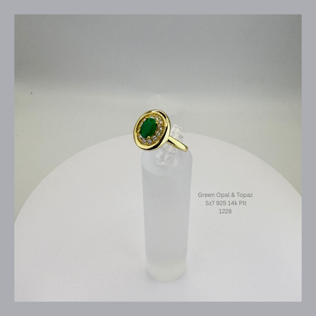 Natural Green Opal & White Topaz Ring Sterling Silver with 14K Gold Plating