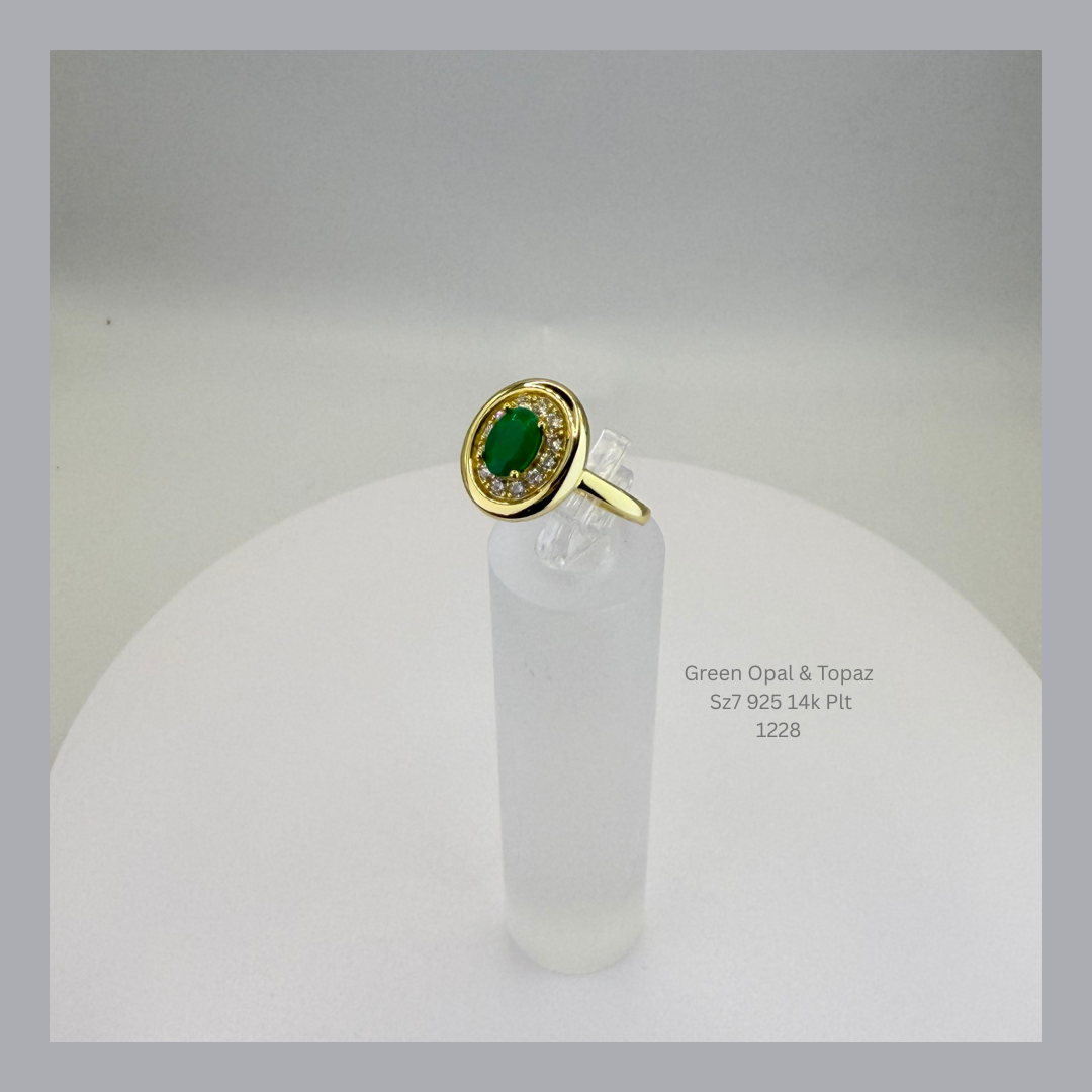 Natural Green Opal & White Topaz Ring Sterling Silver with 14K Gold Plating