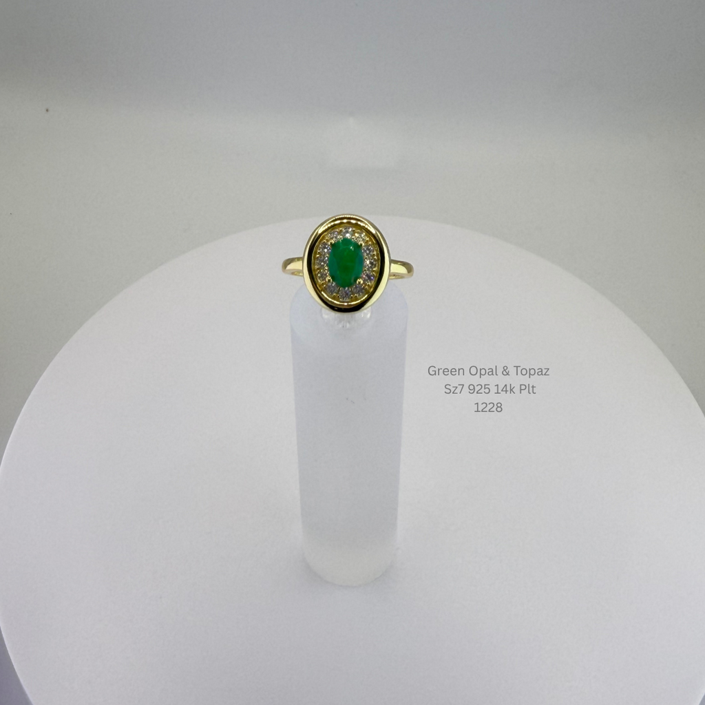 Natural Green Opal & White Topaz Ring Sterling Silver with 14K Gold Plating
