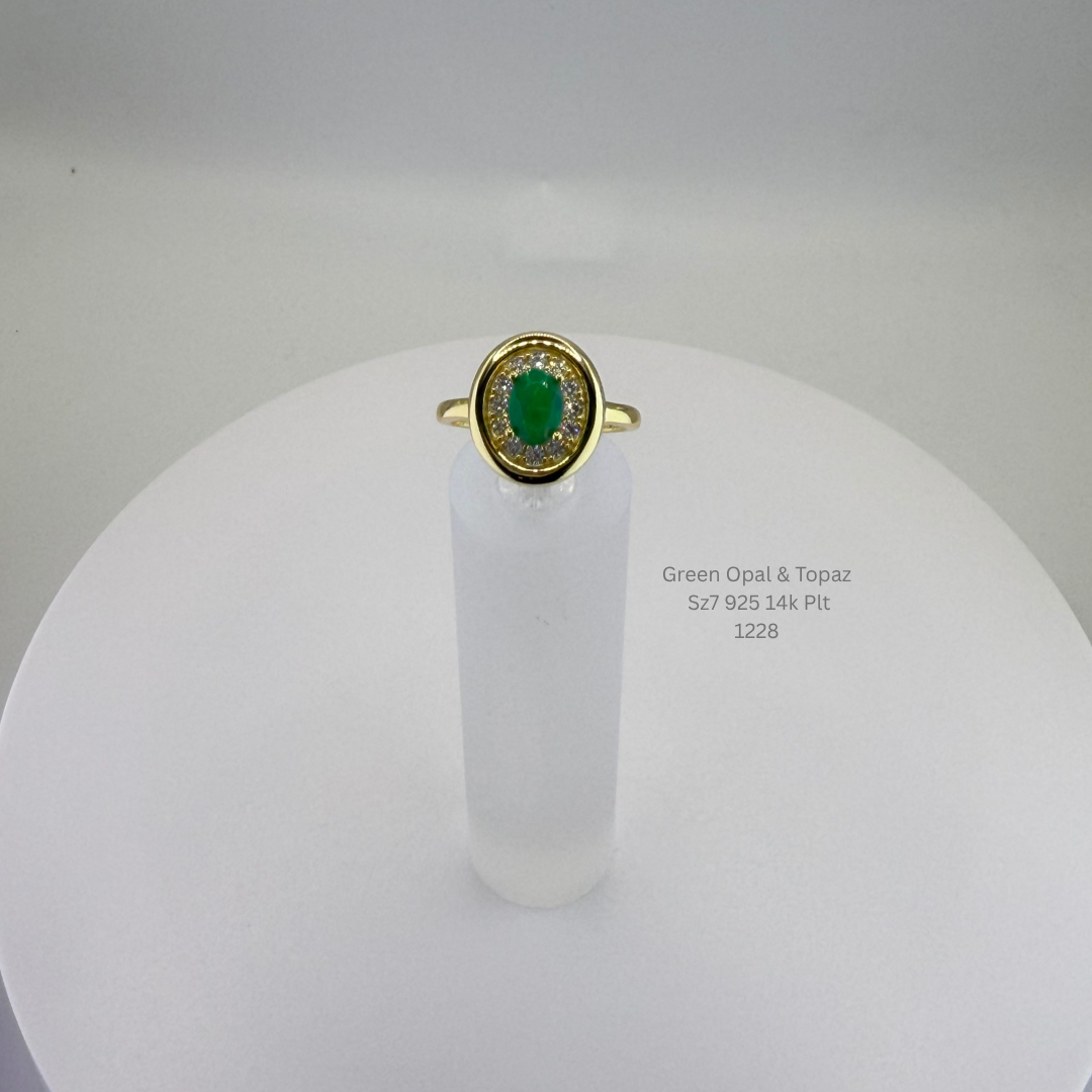 Natural Green Opal & White Topaz Ring Sterling Silver with 14K Gold Plating