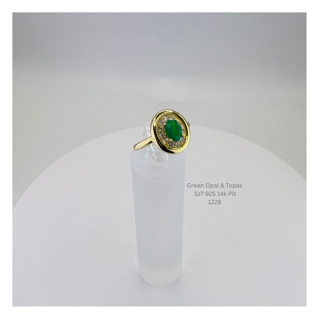 Natural Green Opal & White Topaz Ring Sterling Silver with 14K Gold Plating
