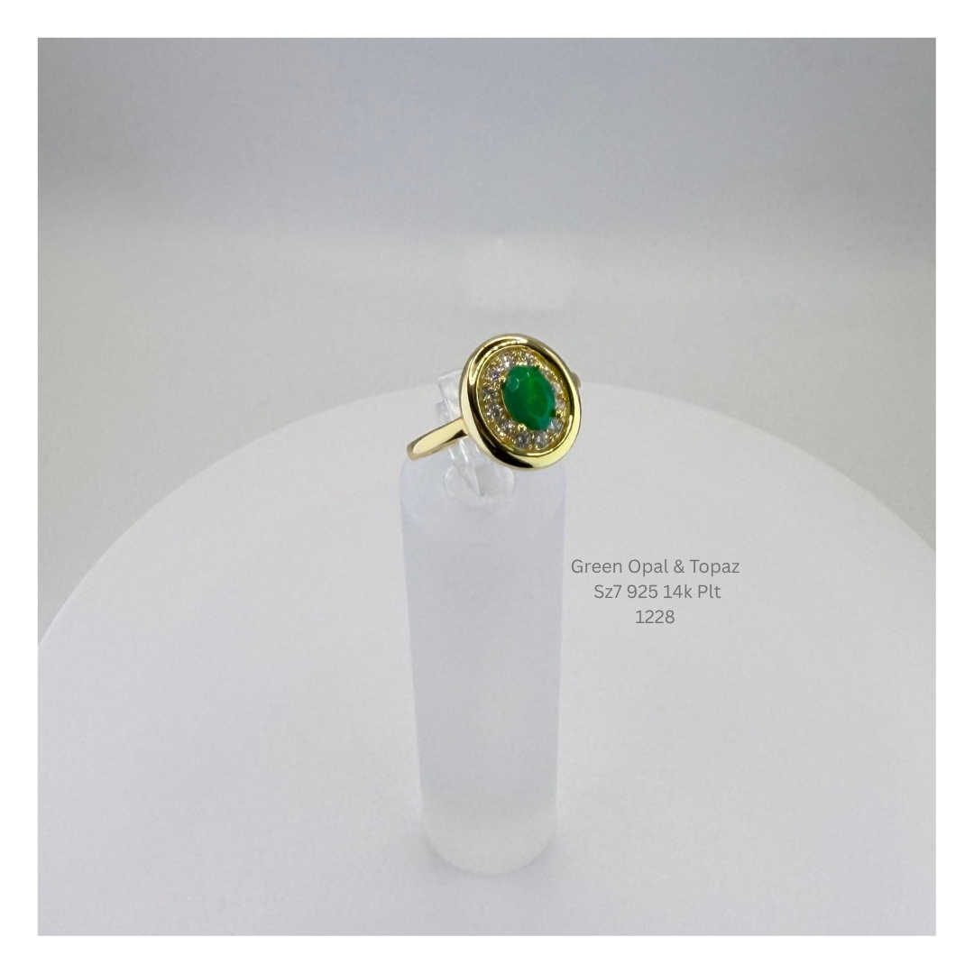 Natural Green Opal & White Topaz Ring Sterling Silver with 14K Gold Plating