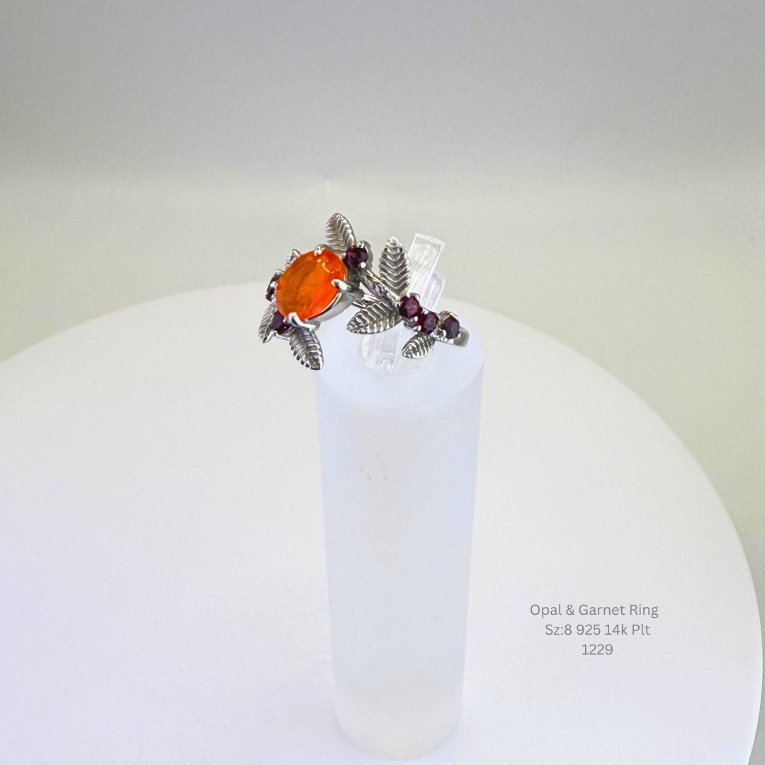 Natural Orange Opal & Garnet Floral Ring Sterling Silver with 14K Gold Plating