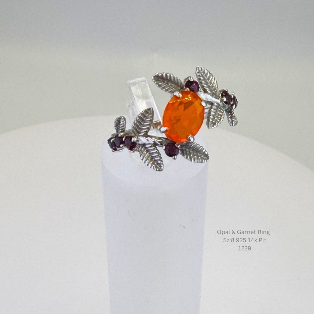 Natural Orange Opal & Garnet Floral Ring Sterling Silver with 14K Gold Plating