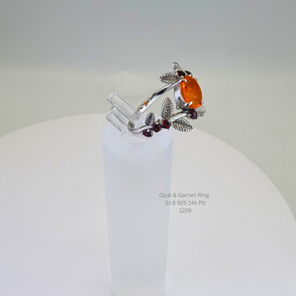Natural Orange Opal & Garnet Floral Ring Sterling Silver with 14K Gold Plating