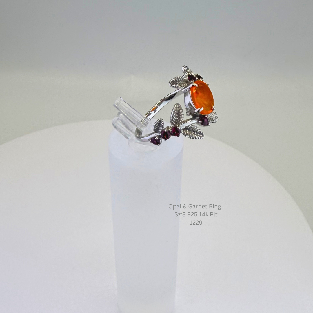 Natural Orange Opal & Garnet Floral Ring Sterling Silver with 14K Gold Plating