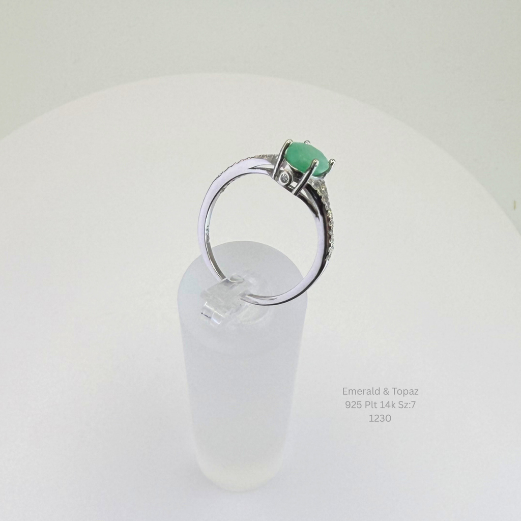 Natural Emerald & White Topaz Ring Sterling Silver with 14K Gold Plating
