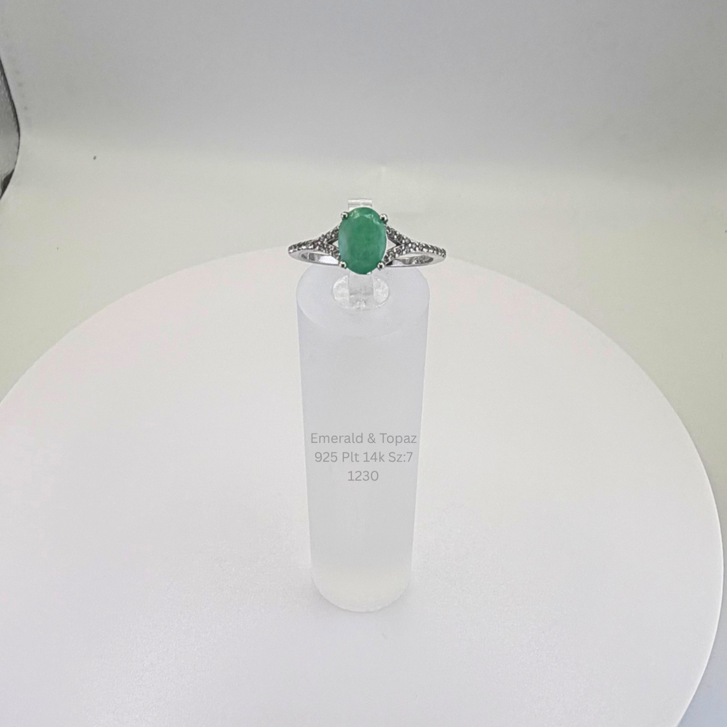 Natural Emerald & White Topaz Ring Sterling Silver with 14K Gold Plating