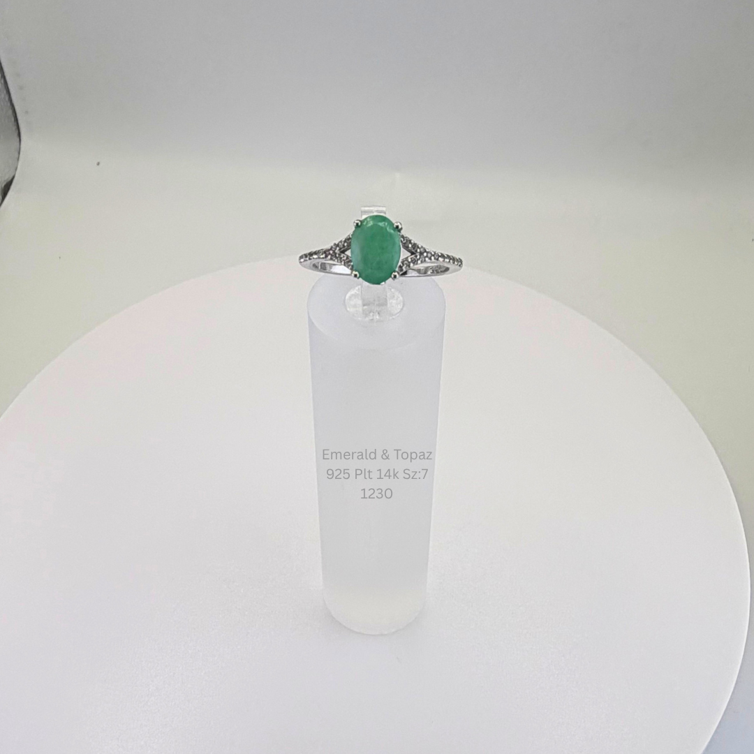 Natural Emerald & White Topaz Ring Sterling Silver with 14K Gold Plating