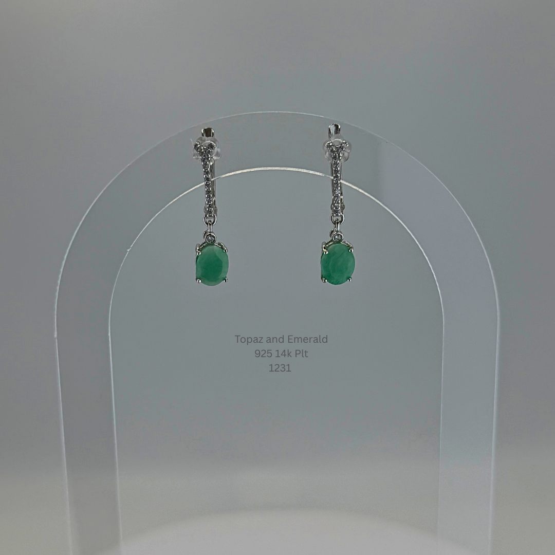 Natural Sapphire & White Topaz Dangle Earrings Sterling Silver with 14K Gold Plating