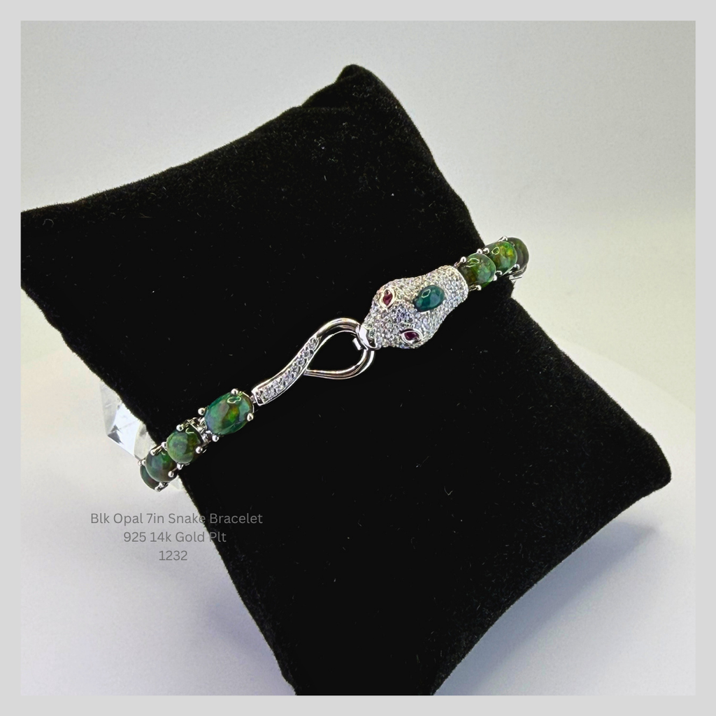 Natural Black Opal Snake Bracelet Sterling Silver with 14K Gold Plating