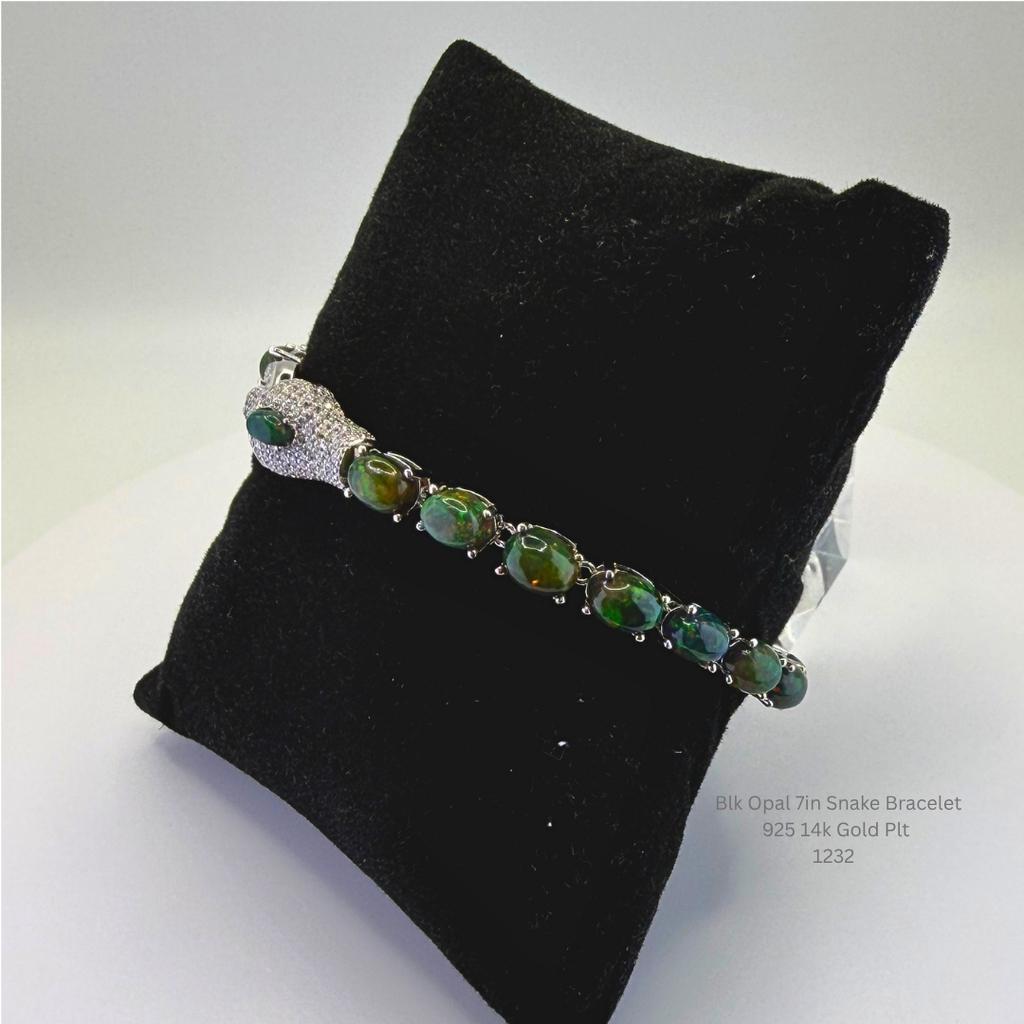 Natural Black Opal Snake Bracelet Sterling Silver with 14K Gold Plating