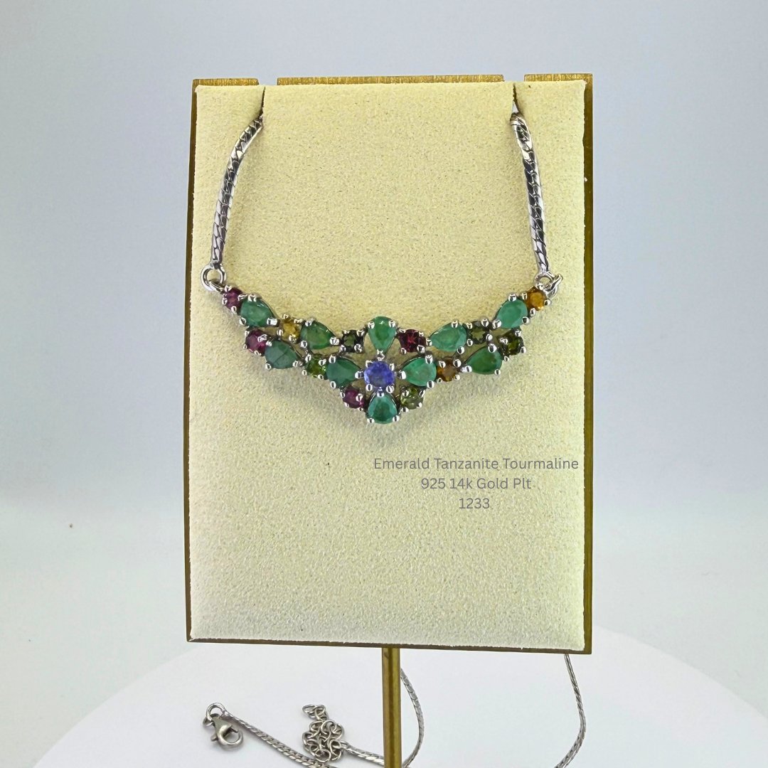 Natural Emerald, Tanzanite & Tourmaline Necklace Sterling Silver with 14K Gold Plating
