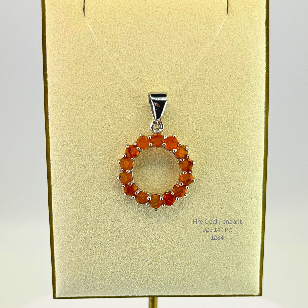 Natural Fire Opal Halo Pendant Sterling Silver with Platinum & 14K Gold Plating