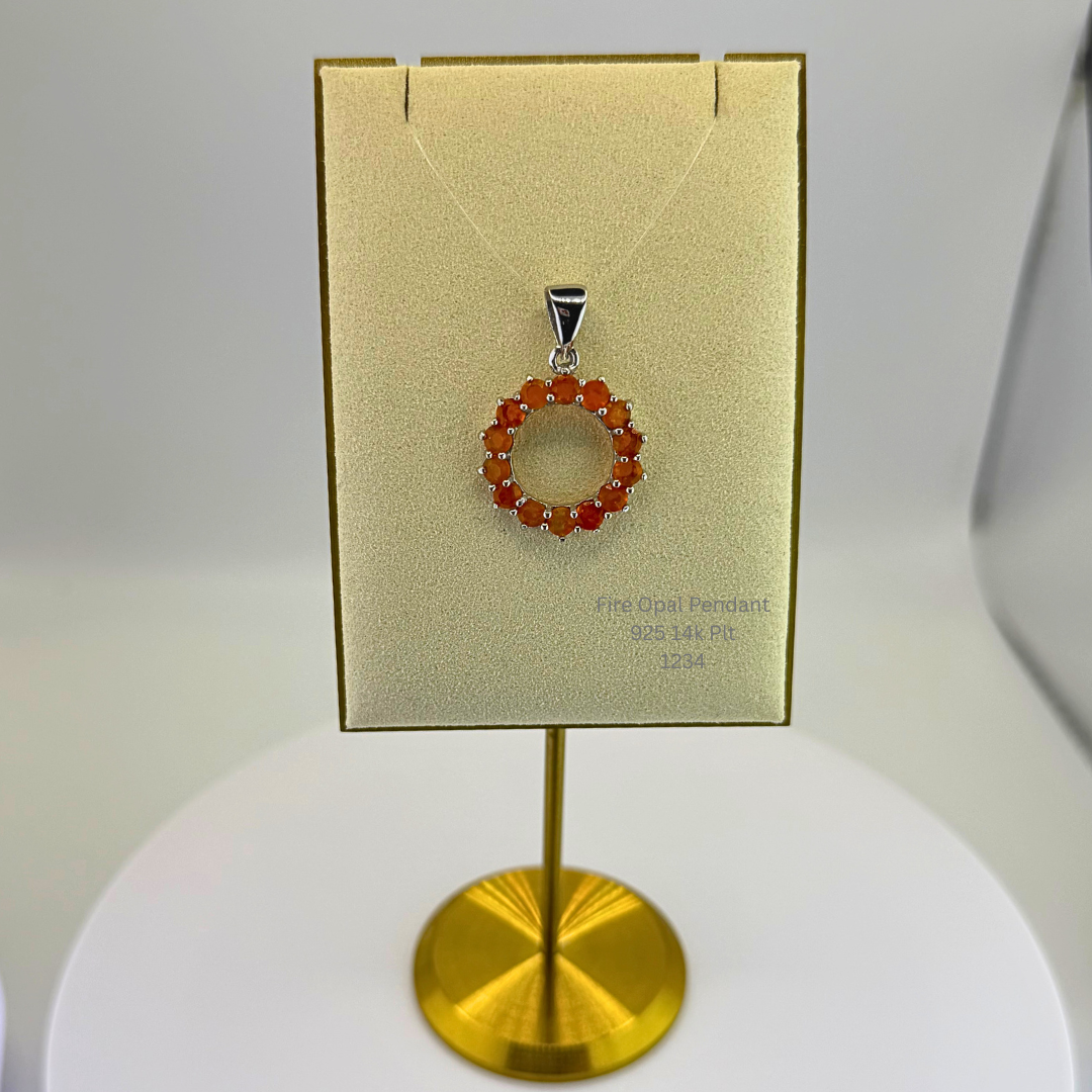 Natural Fire Opal Halo Pendant Sterling Silver with Platinum & 14K Gold Plating