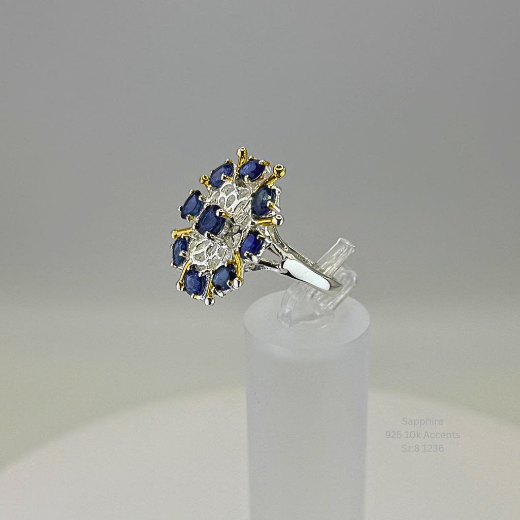 Natural Sapphire Cluster Ring Sterling Silver with 10K Gold Accents