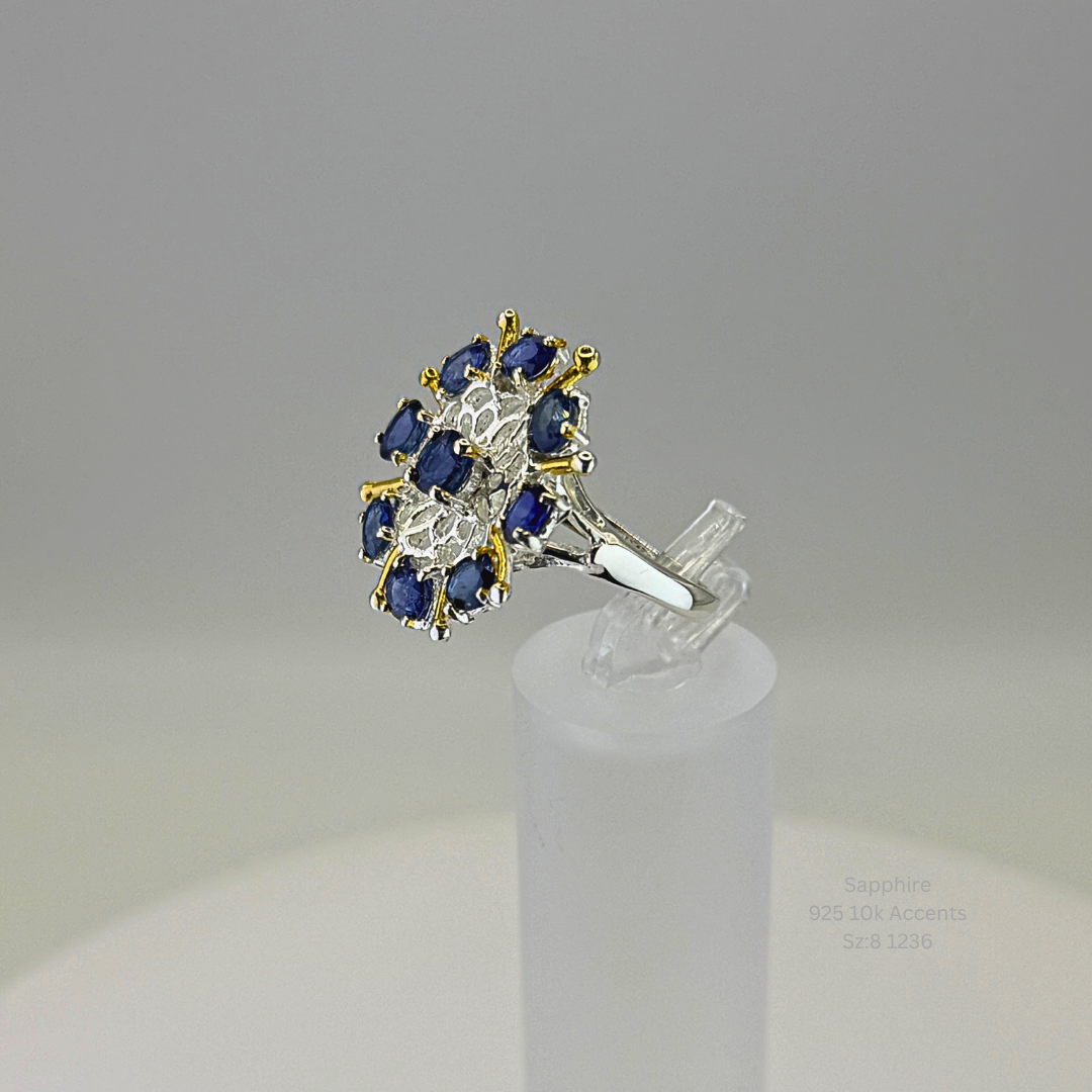 Natural Sapphire Cluster Ring Sterling Silver with 10K Gold Accents