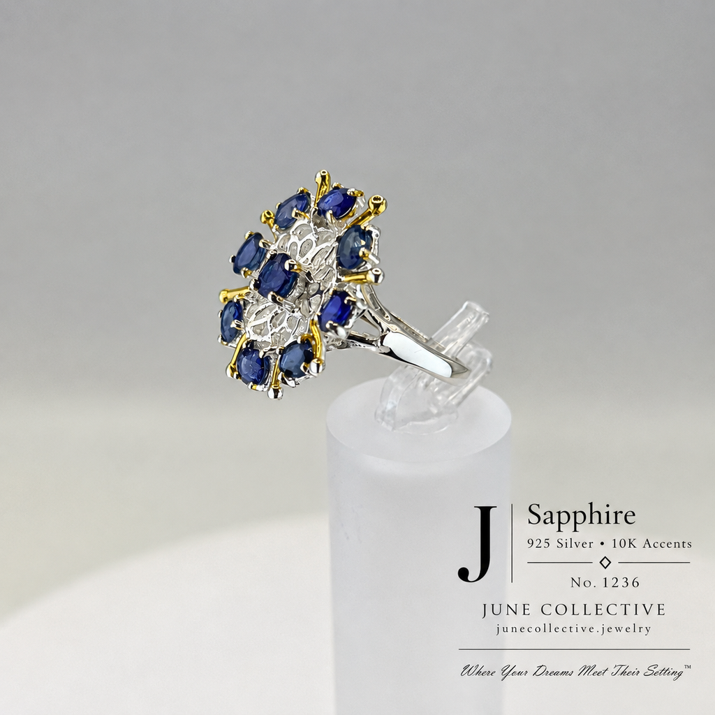 Natural Sapphire Cluster Ring Sterling Silver with 10K Gold Accents