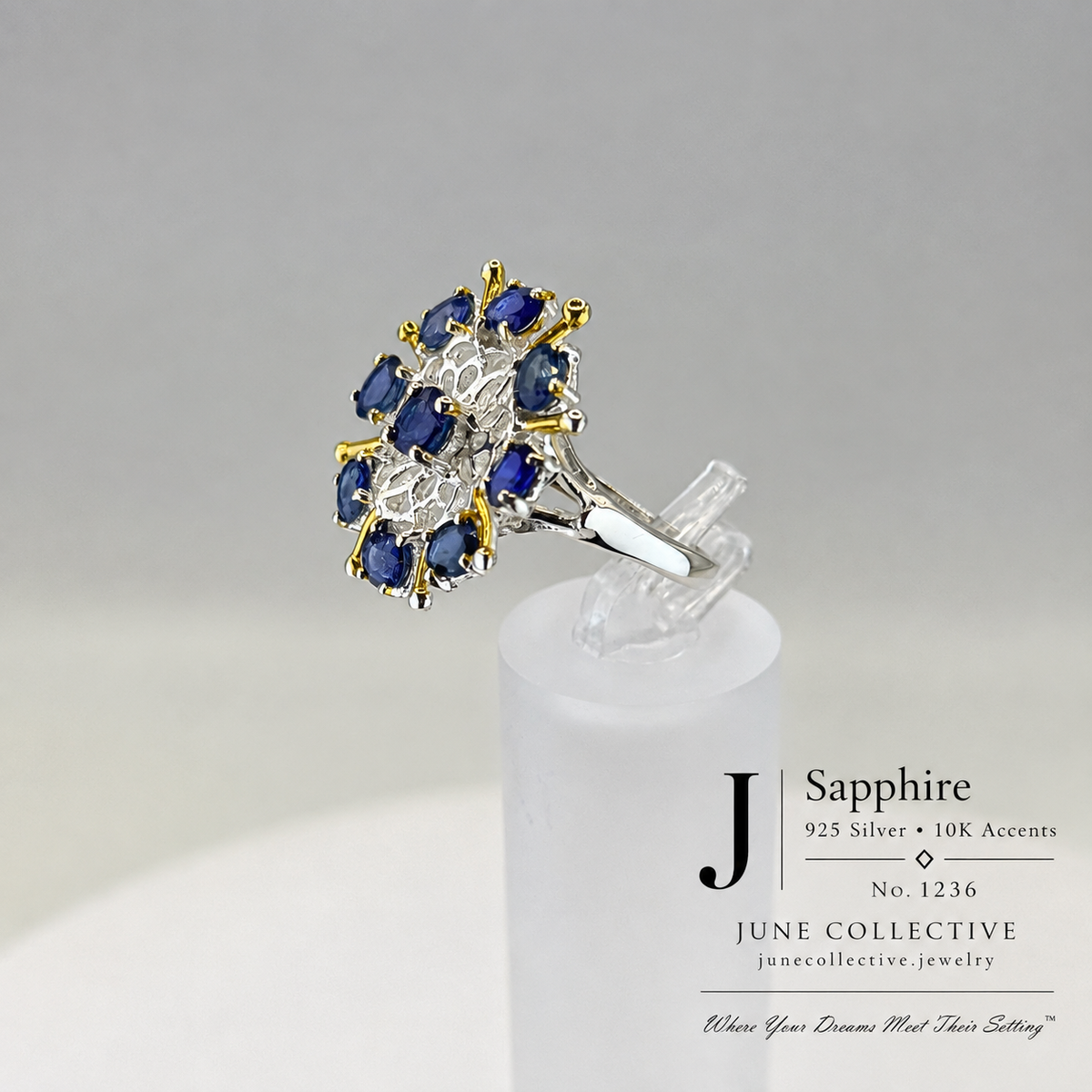 Natural Sapphire Cluster Ring Sterling Silver with 10K Gold Accents